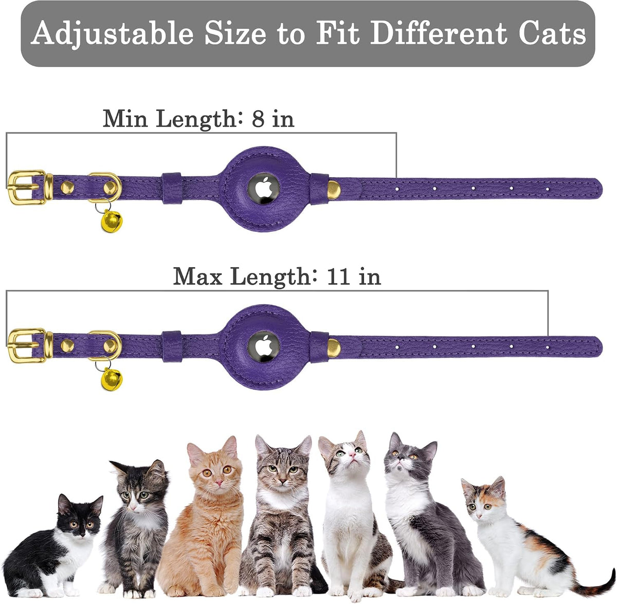 OOPSDOGGY Leather AirTag Cat Collar with Bell - Non Breakaway Kitten Collar with Apple Air Tag Holder - Lightweight GPS Pet Collars for Girl Boy Cats, Small Dogs, Puppies (Purple)