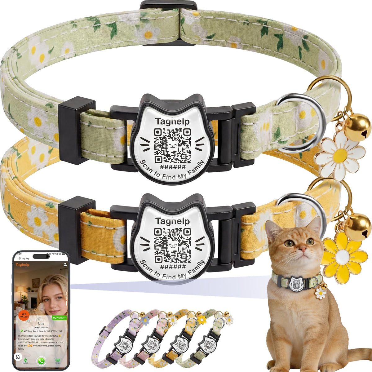 Breakaway Cat Collar with QR Code Tag and Bell (Black & Rose red)