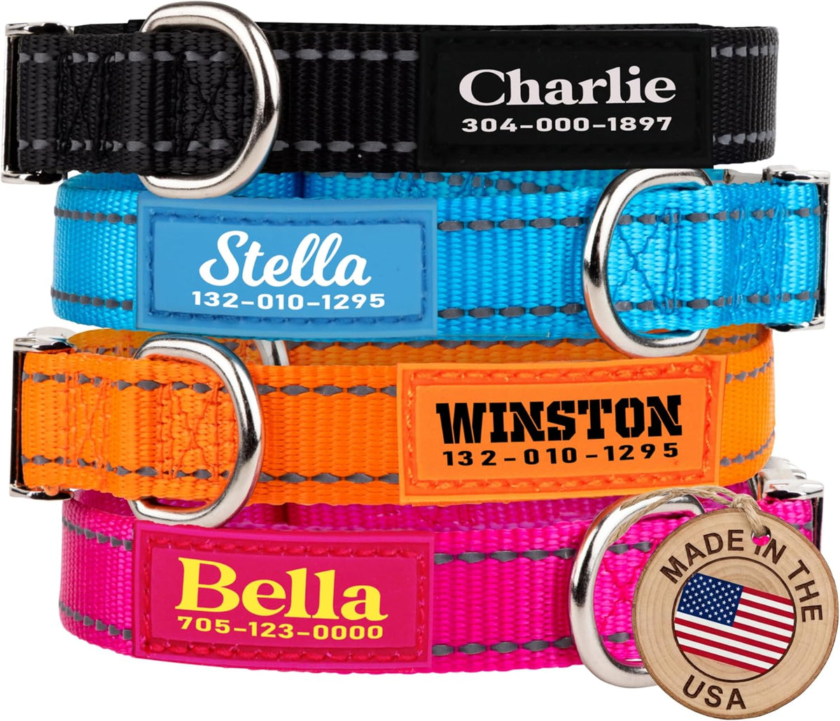Personalized Dog Collars - Reflective Nylon Collar Customized with Name and Phone Number Adjustable Sizes for Small Dogs, Medium, Large 4 Colors Male Female boy Girl Puppies