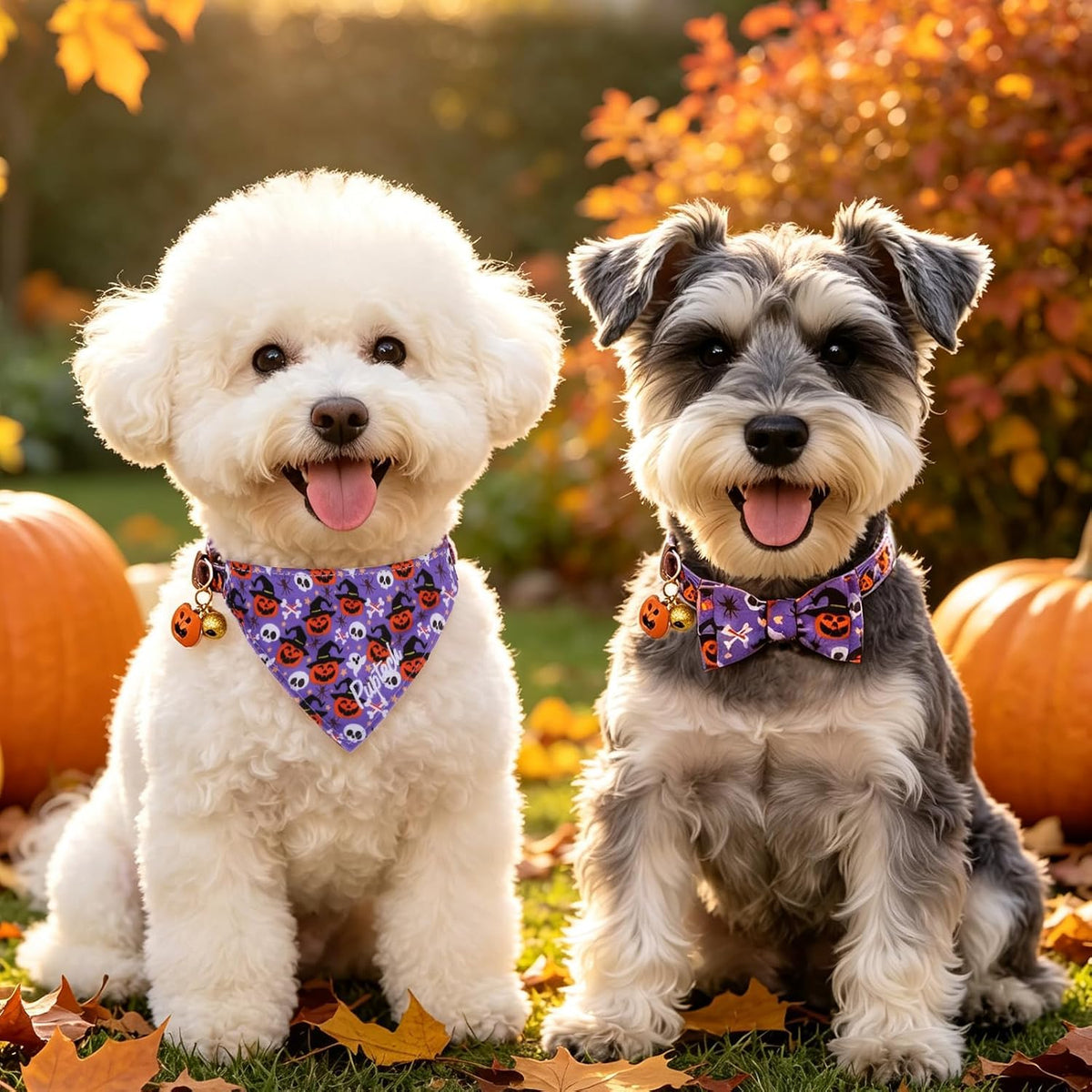 PUPTECK Halloween Dog Collar and Leash Set - 3 Pack Adjustable Pet Bandana Collars with Bow Tie and Bells, Soft Leather for Small Dogs Puppies and Cats Accessories, Orange Pumpkin
