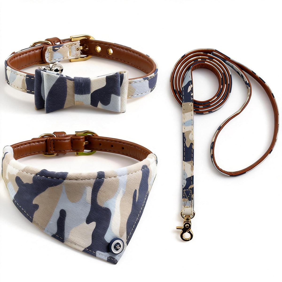 3PCS Bow Tie Dog Collar and Leash Set Plaid/Camo/Dots/Flower Dog Bandanas with Bell 3 Size Adjustable for Small Dogs Puppies and Cats (XS, Orange Plaid)