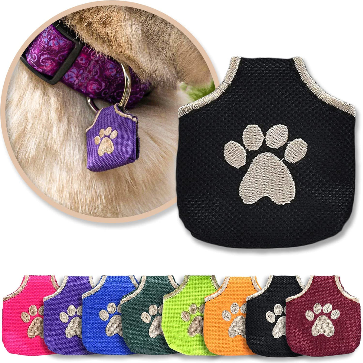 Woofhoof Dog Tag Silencer, Blue Pawprint - Quiet Noisy Pet Tags - Fits Up to Four Pet IDs - Dog Tag Cover Protects Metal Pets IDs, Made of Durable Nylon, Universal Fit, Machine Washable