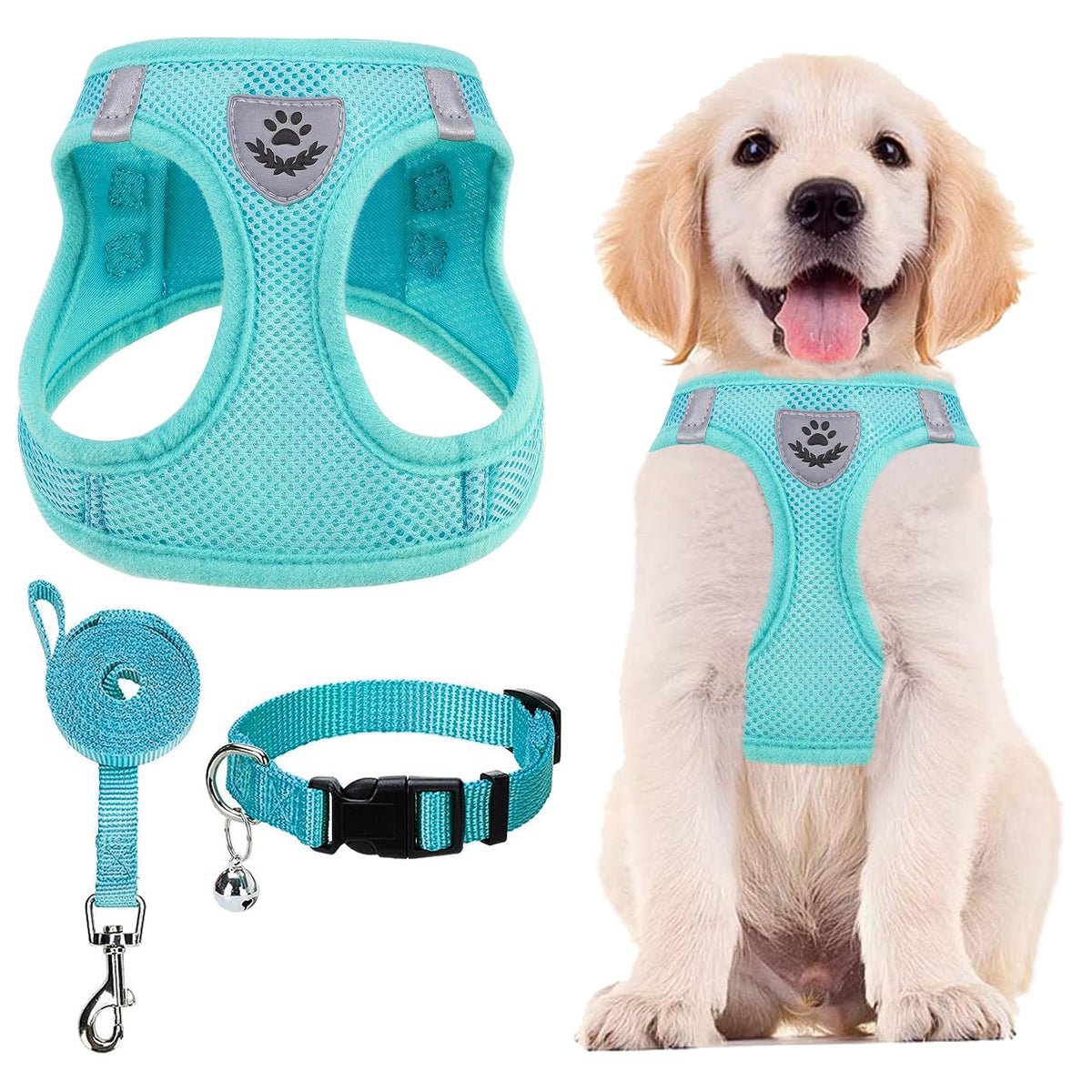 PUPTECK Adjustable Pet Harness Collar &Leash Set Step in for Small Dogs Puppy &Cats Outdoor Training &Running, Soft Mesh Padded Reflective Vest Harness,M: Chest girth: 16-18in Collar: 11.8-15.7in