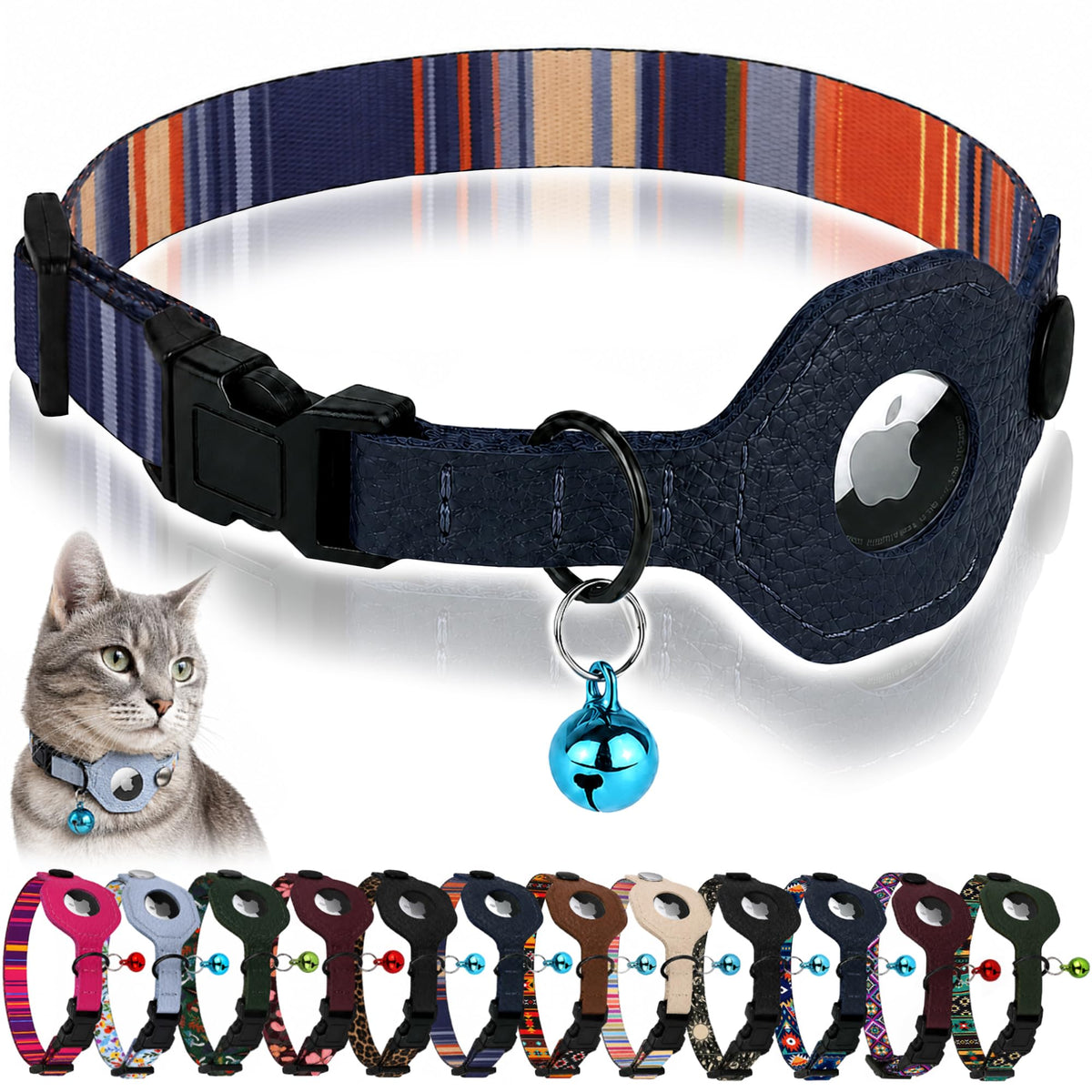 Breakaway Cat Collar with Leather AirTag Holder & Bell - Apple Air Tag Cat Collars for Girls & Boys, Lightweight Anti-Lost GPS Tracker Design, Printed Pattern - Safety and Adjustable (Aztec)