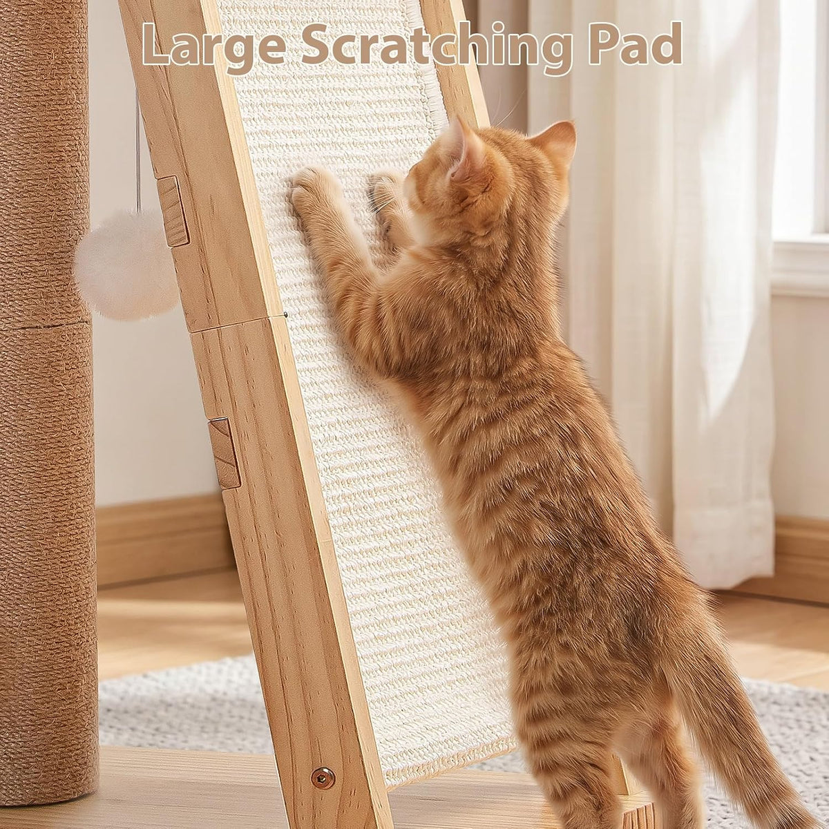 27.5" 3-in-1 Natural Pine Wood Cat Scratching Post for Small Medium Cats