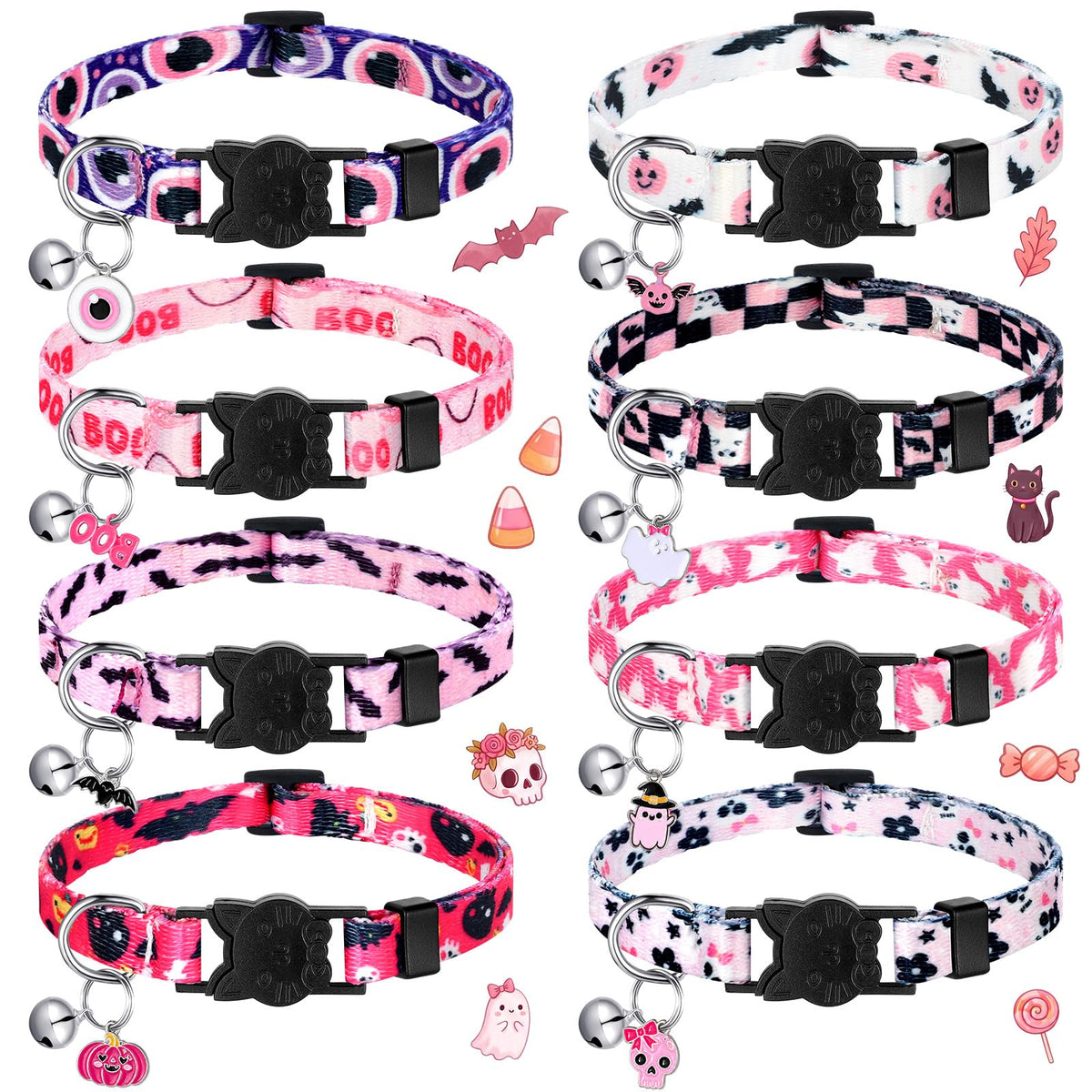 Sanwuta 8 Pcs Halloween Cat Collars Breakaway with Bell, Adjustable Buckle