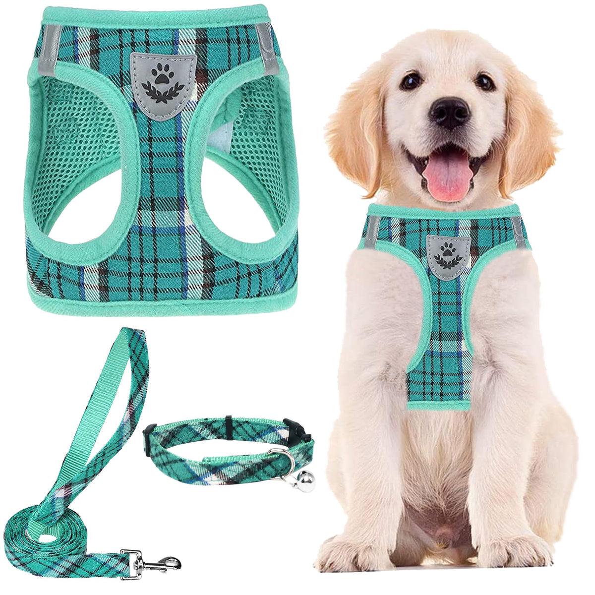 PUPTECK Adjustable Pet Harness Collar &Leash Set Step in for Small Dogs Puppy &Cats Outdoor Training &Running, Soft Mesh Padded Reflective Vest Harness,M: Chest girth: 16-18in Collar: 11.8-15.7in