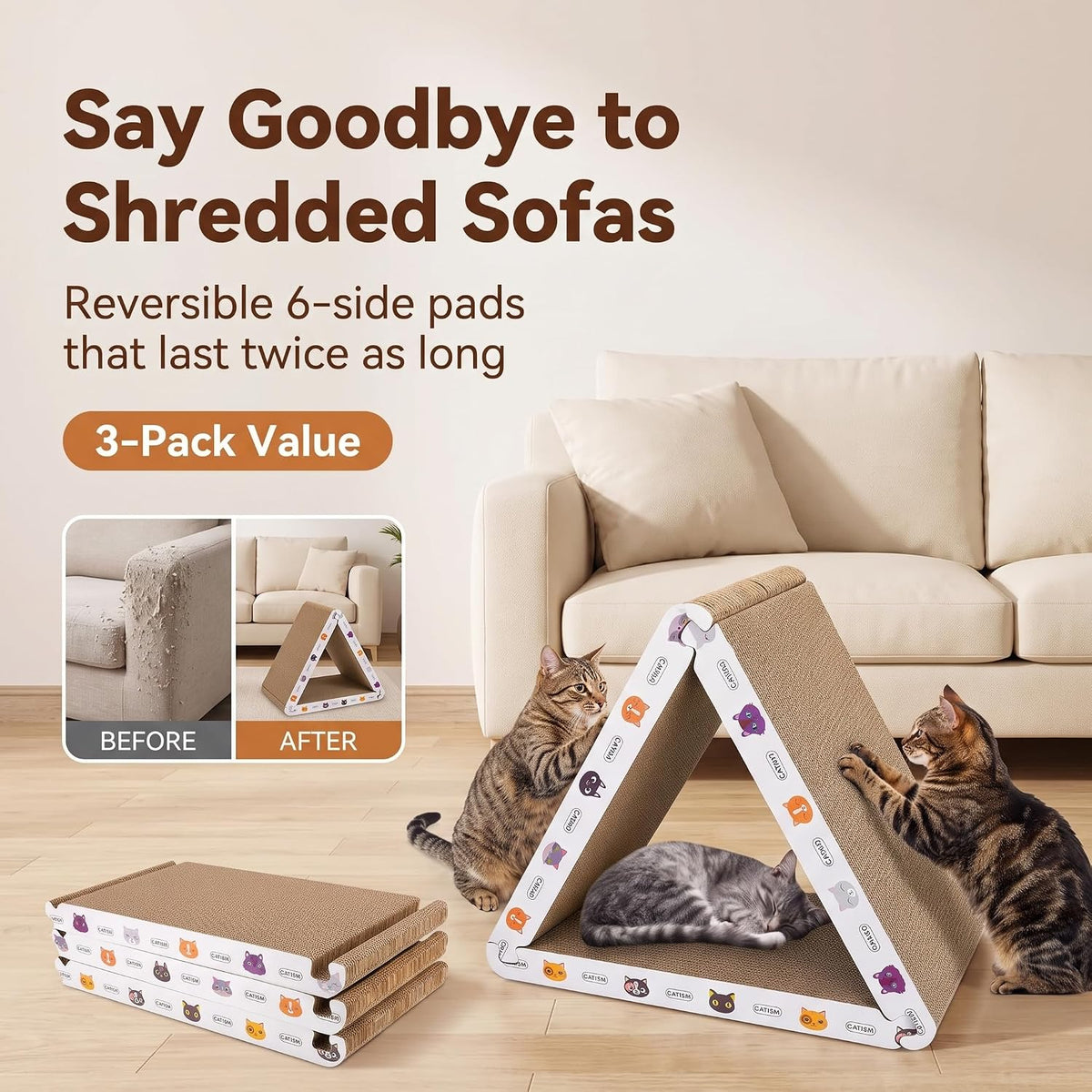 CATISM Cat Scratcher Cat Scratching Board - Foldable - Triangle, 6 Usable Sides Scratchers for Indoor Cats, Durable Recyclable Cats Cardboard Vertical(Pack of 3)
