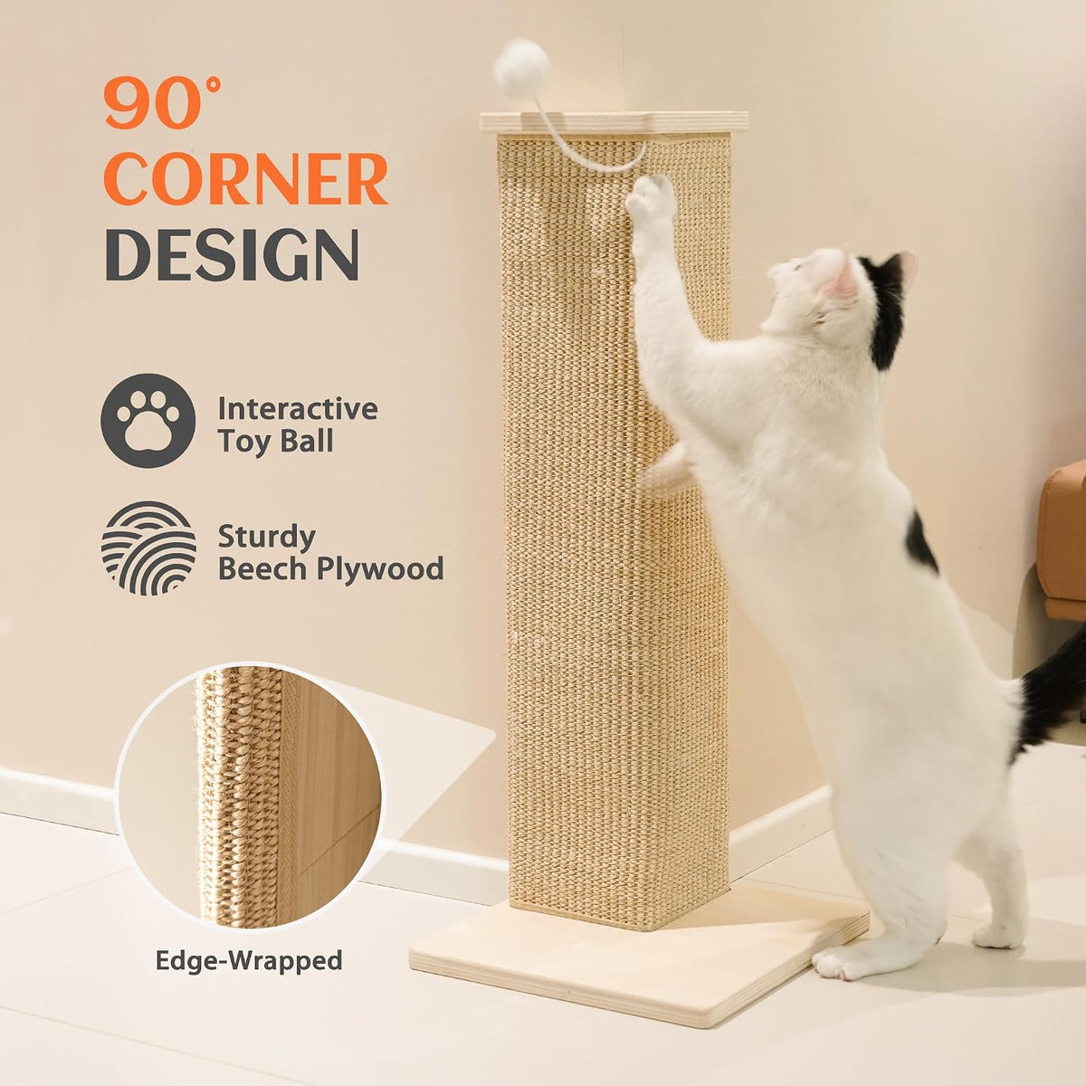 PETKARAY Couch Corner Cat Scratcher, 28'' Corner Scratching Post Cat Wall Scratcher, Sisal Scratch Pad for Sofa, Wall Furniture Protector with Toy Ball