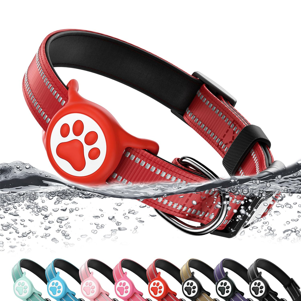 Premium Airtag Dog Collar，with IP68 Waterproof AirTag Holder,Pink,S