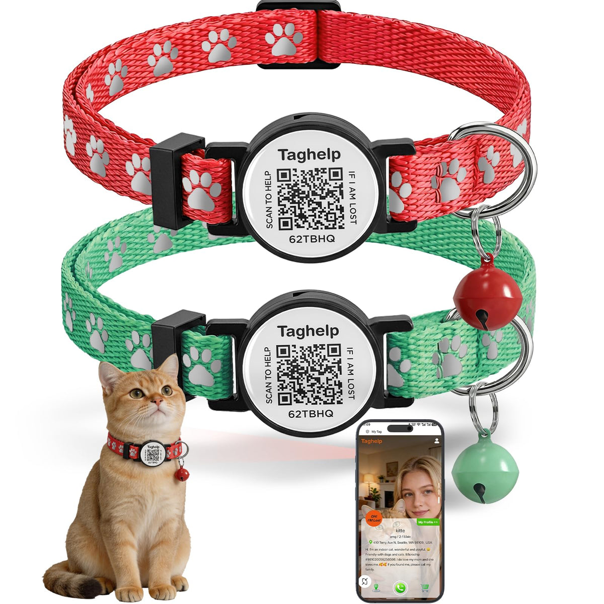 2 Pack QR Code Cat Collar with Instant Lost Pet Recovery System, Scan for Urgent Alerts & Location Info, Breakaway Reflective Collar with Safety Bell (Blue & Pink)