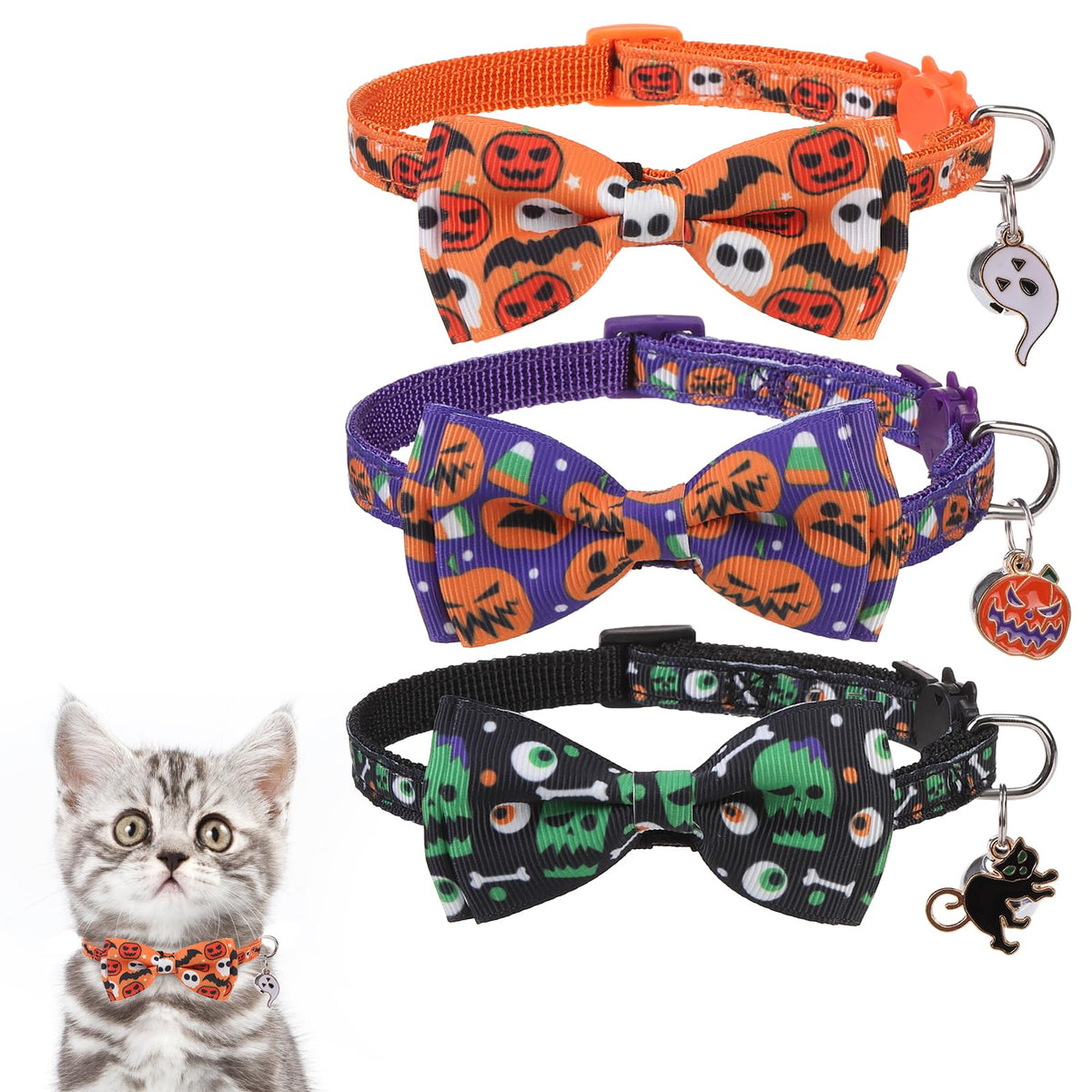 KOOLTAIL Glow in The Dark Cat Collar Breakaway with Bells,6 Pack Moonlight Cute Kitten Collars, Personalized Reflective Safety Buckle Stars&Moon Charm Pet Collars for Kitty Boys Girls, Pink Purple