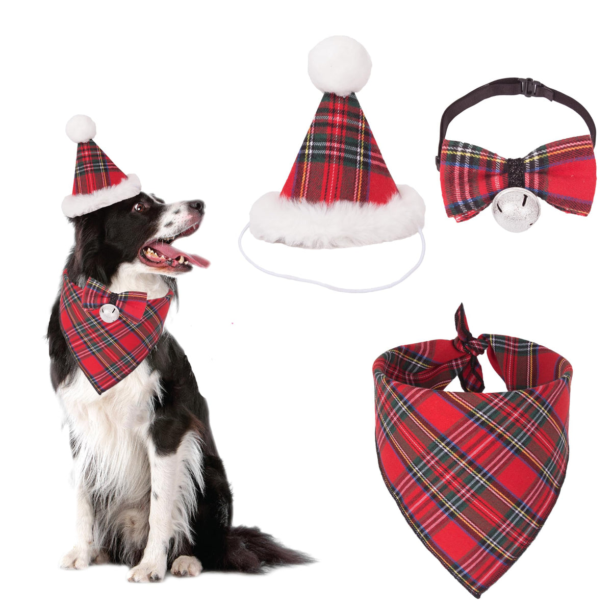ADOGGYGO Christmas Dog Bandana Hat Bow Tie Set - Stylish Red Plaid Puppy Christmas Hat Scarf Costume Outfit for Small Dogs Pets (Small)