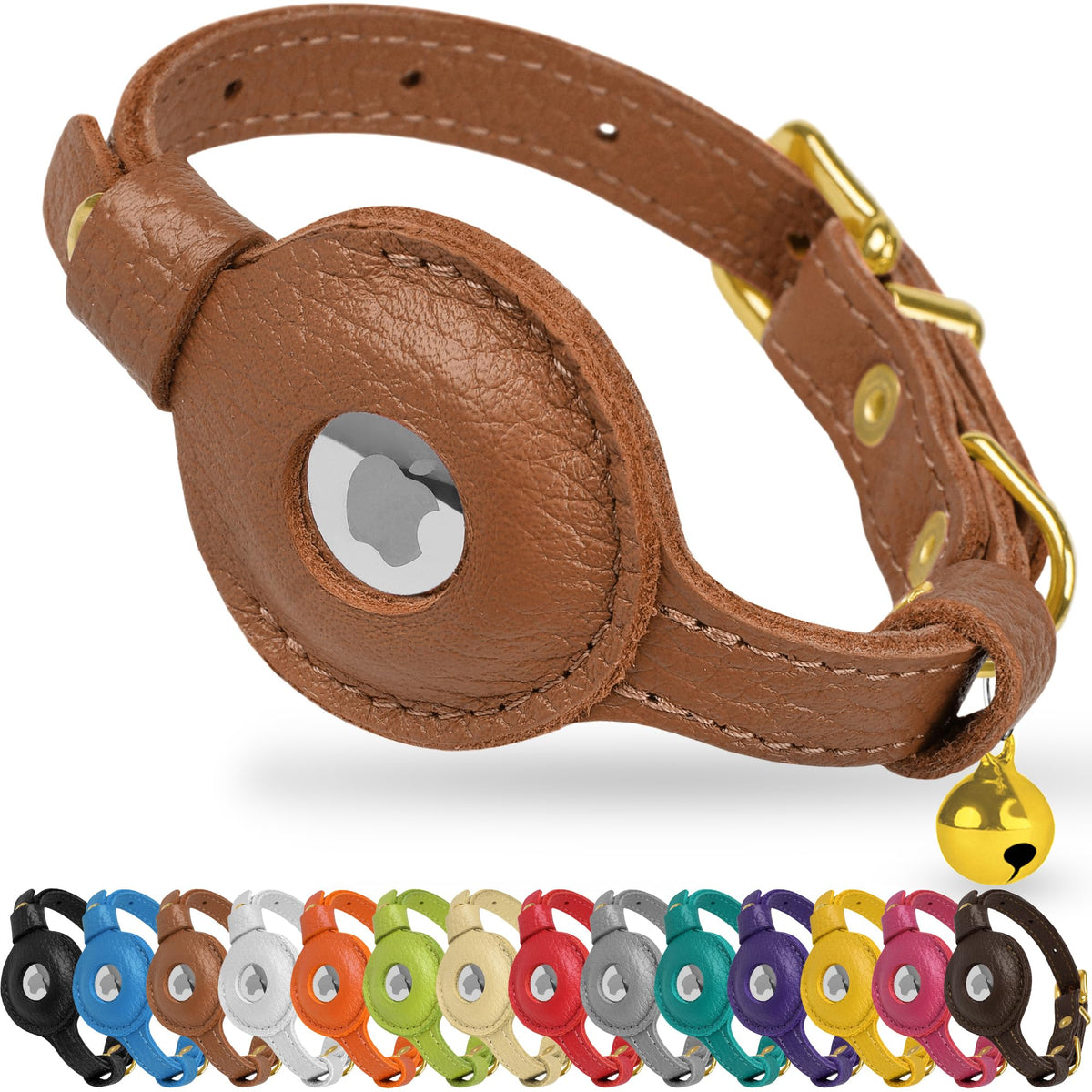 OOPSDOGGY Leather AirTag Cat Collar with Bell - Non Breakaway Kitten Collar with Apple Air Tag Holder - Lightweight GPS Pet Collars for Girl Boy Cats, Small Dogs, Puppies (Purple)