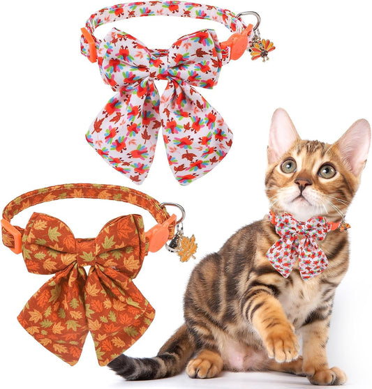 SCENEREAL Fall Cat Collar with Bell & Stylish Bowtie, Turkey Maple Leaf Pattern Breakaway Cat Collars Accessories for Boy Girl Small Cats, Holiday Thanksgiving Kitten Costumes for Female Male Pets