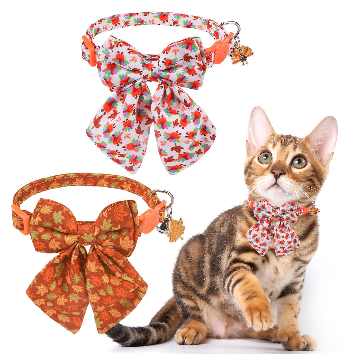 SCENEREAL Fall Cat Collar with Bell & Stylish Bowtie, Turkey Maple Leaf Pattern Breakaway Cat Collars Accessories for Boy Girl Small Cats, Holiday Thanksgiving Kitten Costumes for Female Male Pets
