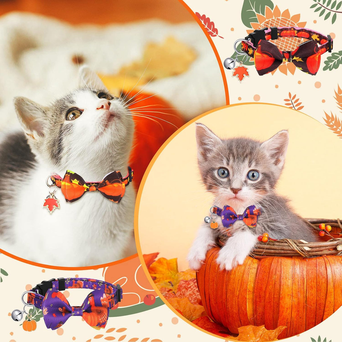 Kacctyen 18 Pcs Holiday Cat Collars Halloween with Bowtie Bell, Small