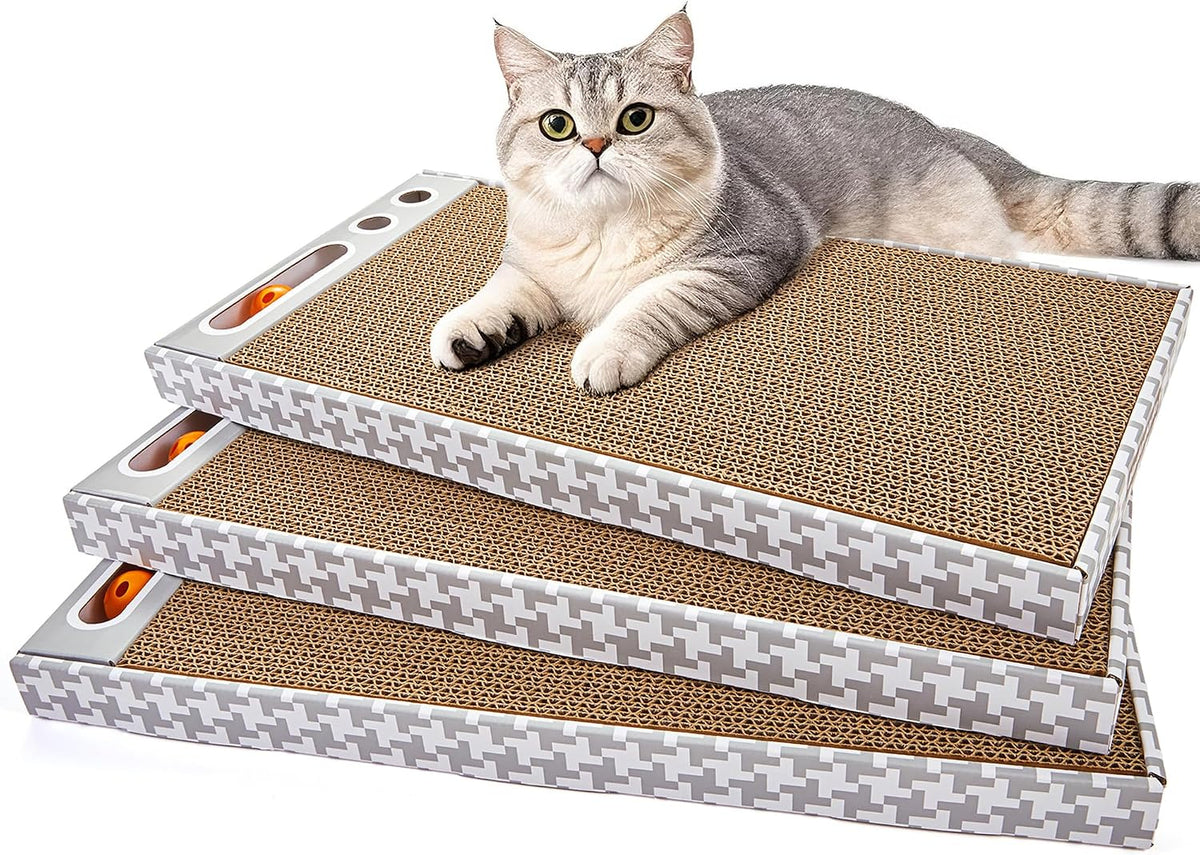 Cat Scratching Board 3 Pack – Reversible Cardboard Scratcher for Indoor Cats, Wide Boxed Scratch Pads with Bell Ball, Durable Corrugated scratchers as Furniture Protector