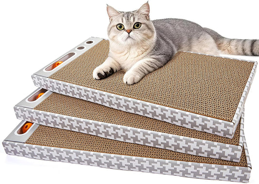 Cat Scratching Board 3 Pack – Reversible Cardboard Scratcher for Indoor Cats, Wide Boxed Scratch Pads with Bell Ball, Durable Corrugated scratchers as Furniture Protector