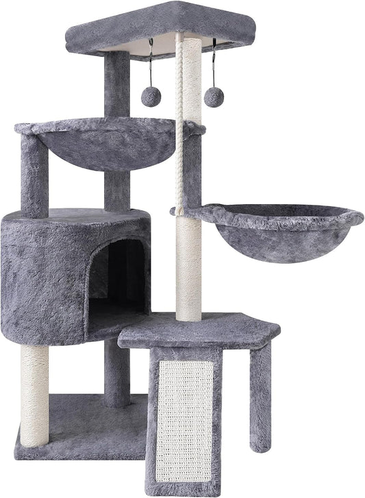 Three Layer Cat Tree with Cat Condo and Two Hammocks,Grey