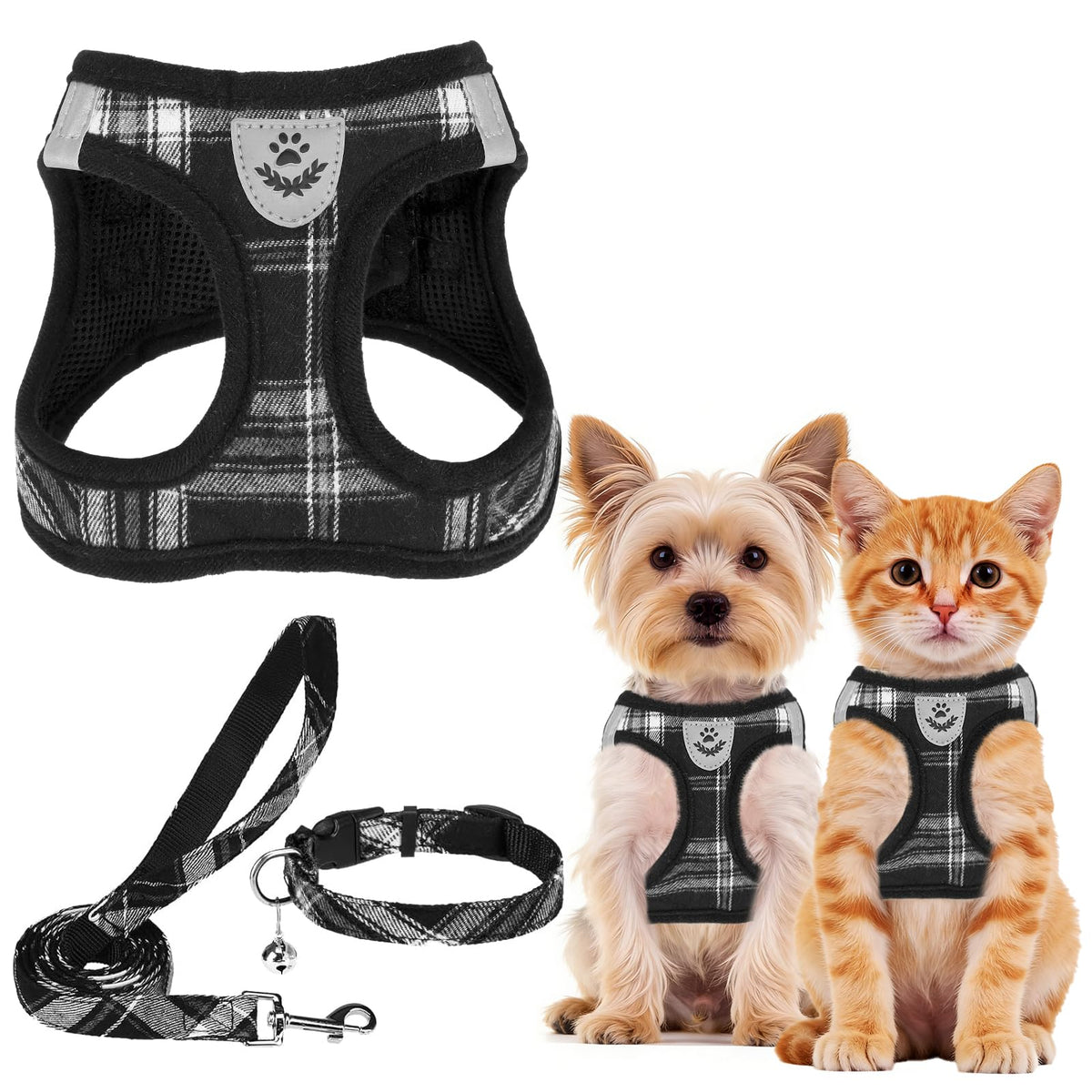 PUPTECK Adjustable Pet Harness Collar &Leash Set Step in for Small Dogs Puppy &Cats Outdoor Training &Running, Soft Mesh Padded Reflective Vest Harness,M: Chest girth: 16-18in Collar: 11.8-15.7in