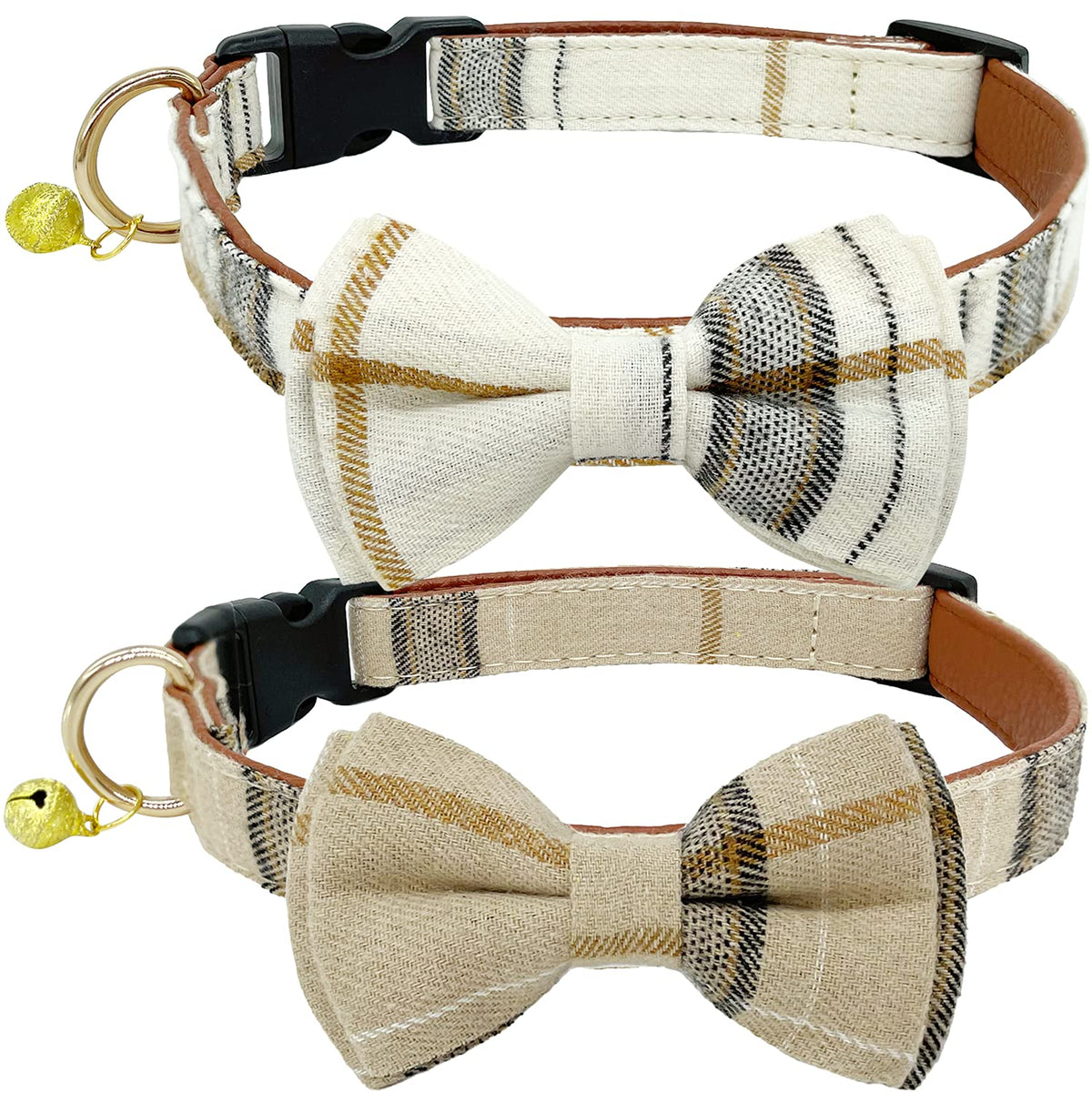 2 Pack/Set Dog Collars with Bow Tie and Bells, Adjustable Cute Dog Bow Ties Collar for Small/Medium/Large Boys and Girls Pets (Black+Brown, S(9.6''-13.8''))