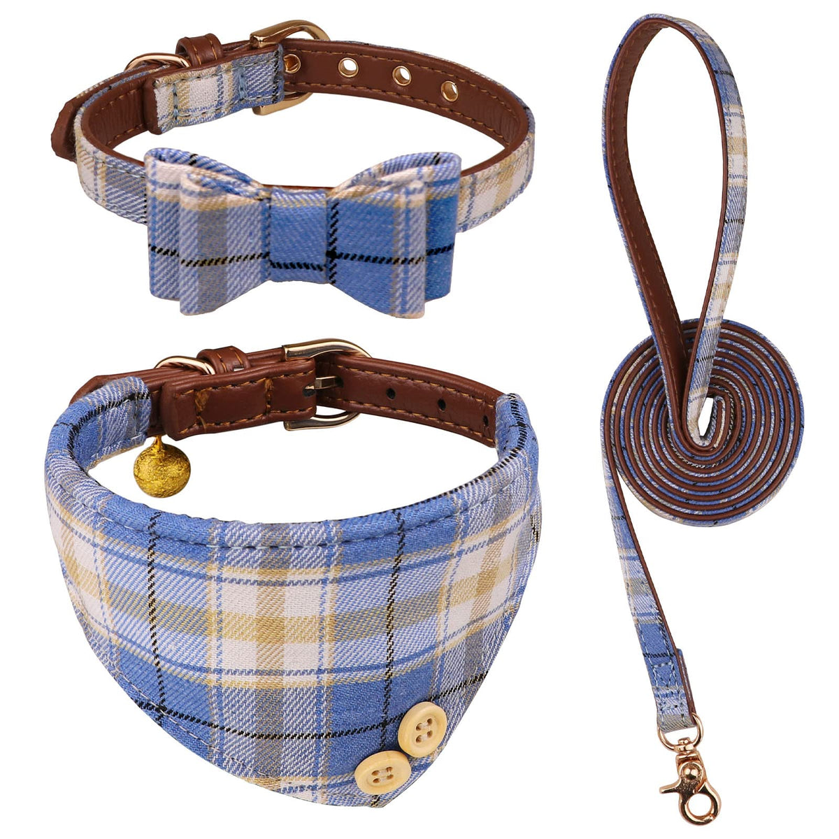 3 PCS Dog Collars for Small Puppy Collar and Leash Set, Bow Tie with Bell, Bandana Leather for Small Dogs Puppies and Cats(Beige)