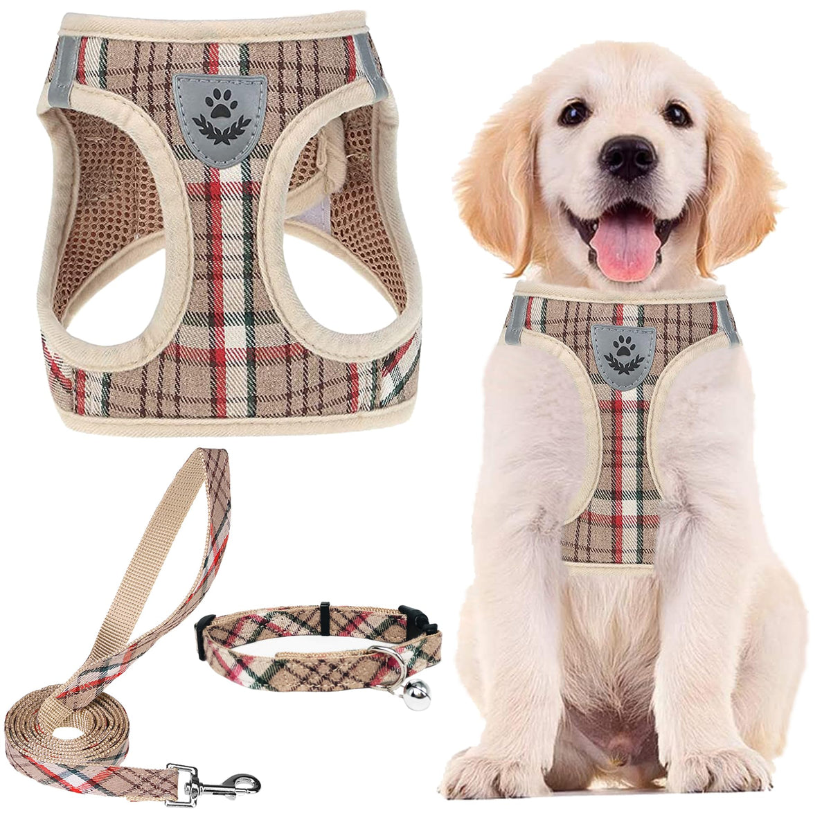 PUPTECK Adjustable Pet Harness Collar &Leash Set Step in for Small Dogs Puppy &Cats Outdoor Training &Running, Soft Mesh Padded Reflective Vest Harness,M: Chest girth: 16-18in Collar: 11.8-15.7in
