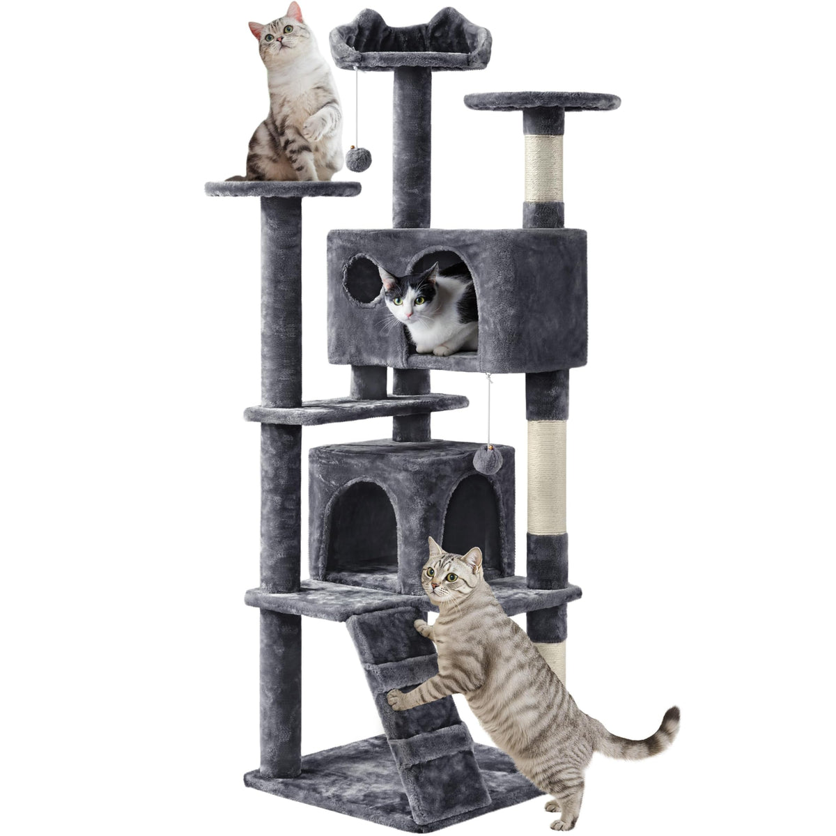 Yaheetech 54in Cat Tree Tower, 2 Caves, Kitten-Ear Perch & Scratching Posts