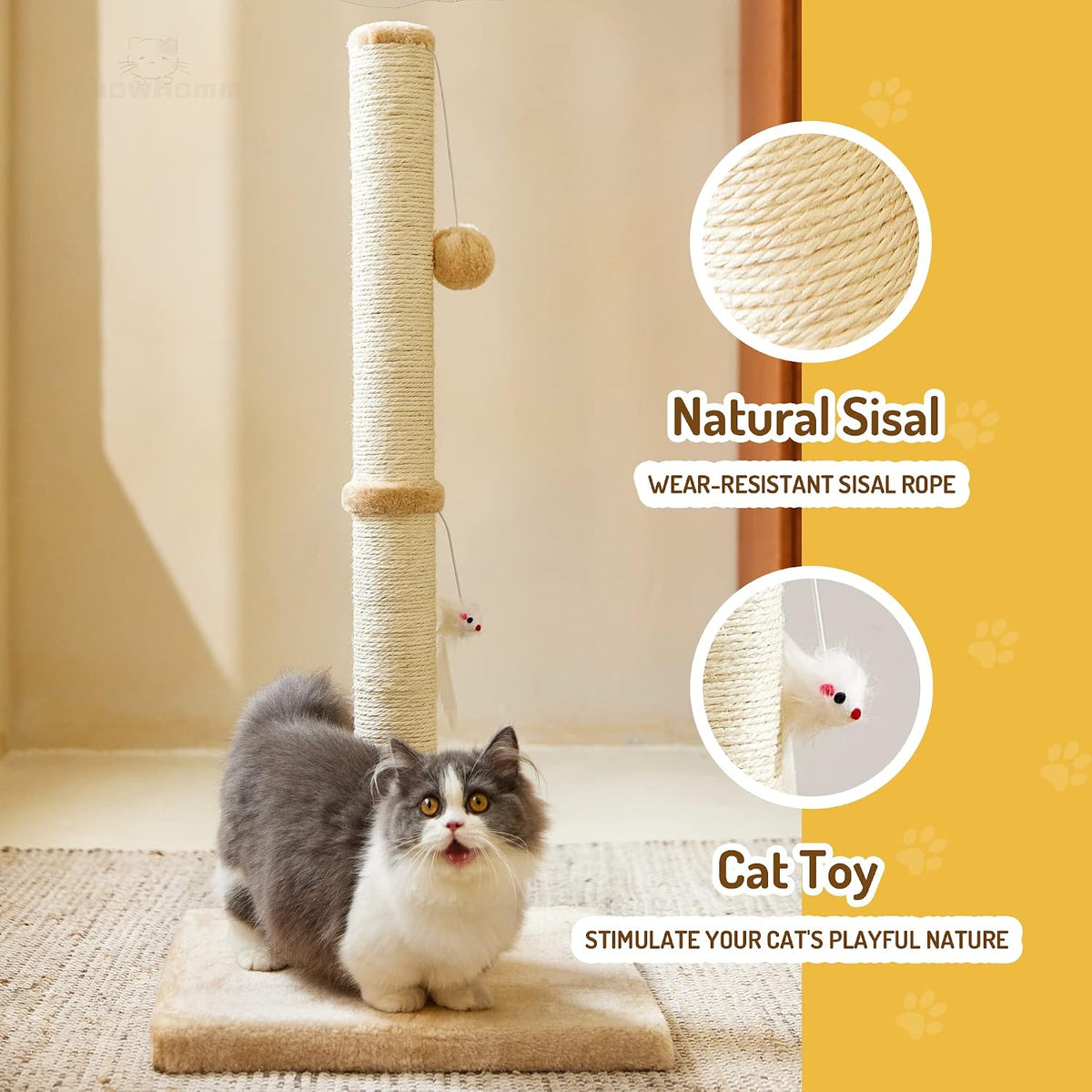 MeowHomm 32” Tall Cat Scratching Posts for Indoor Cats Adults with 2 Hanging Ball, Large Cat Scratch Post Cat Scratcher Includes Sisal Rope(Yellow)