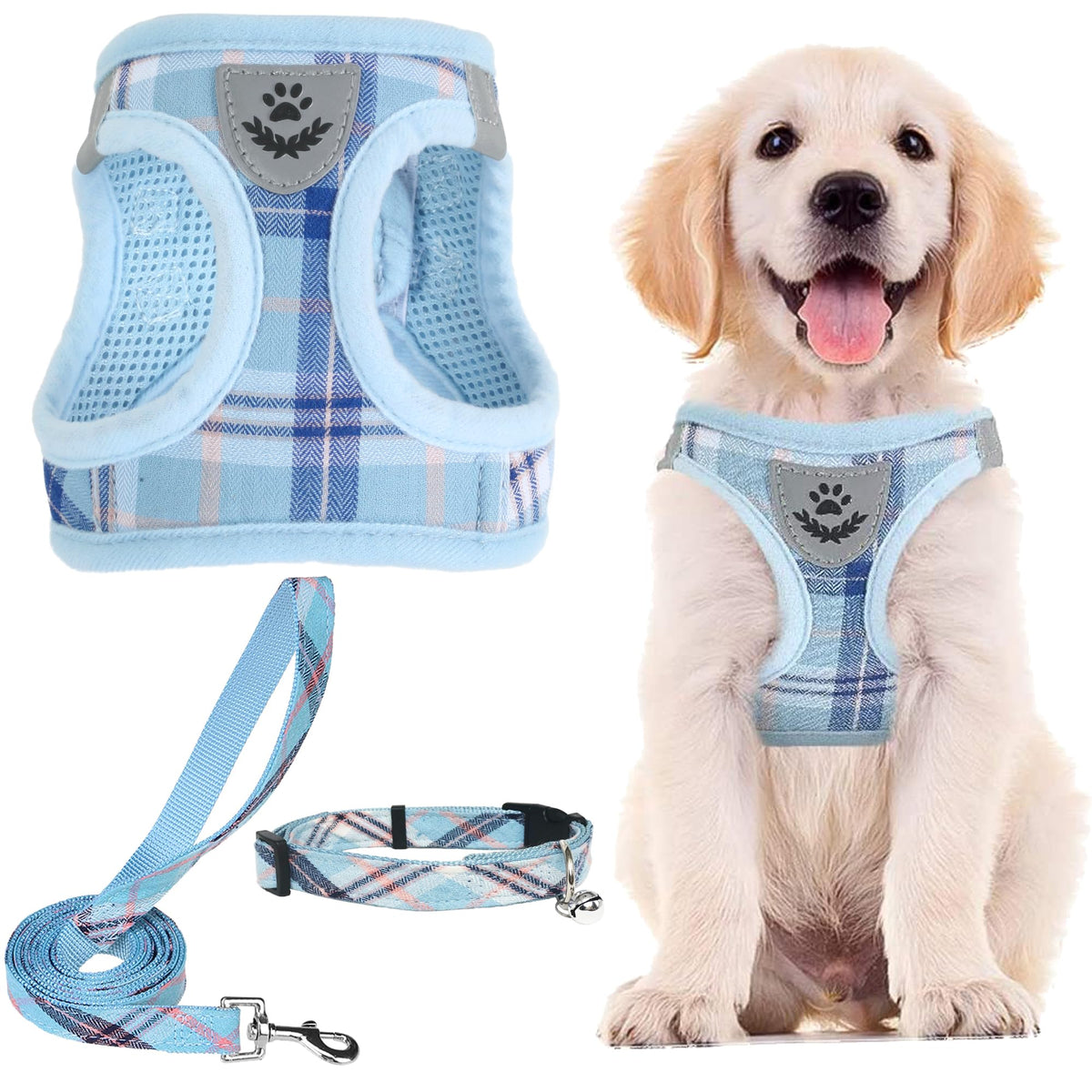PUPTECK Adjustable Pet Harness Collar &Leash Set Step in for Small Dogs Puppy &Cats Outdoor Training &Running, Soft Mesh Padded Reflective Vest Harness,M: Chest girth: 16-18in Collar: 11.8-15.7in