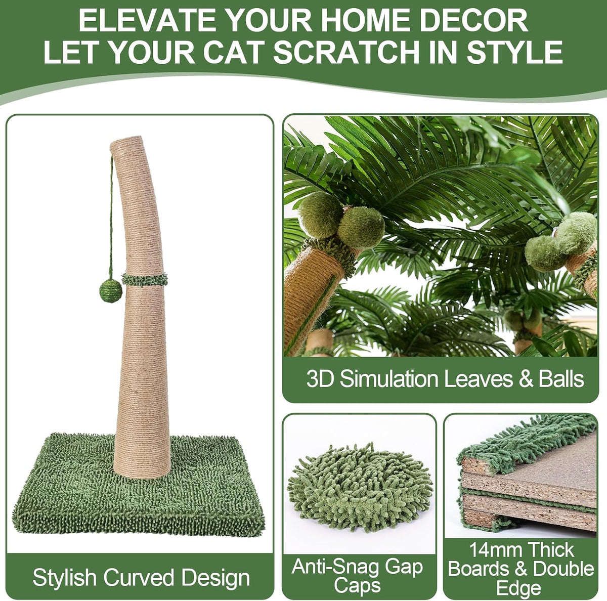 40'' Tall Cat Scratching Post Cat Tree, Curved Design Cat Scratcher Post with 3 Interactive Balls, Natural Sisal Rope Cat Scratching Posts for Indoor Cats Adults Kittens, Multi-Combinable (Style A)