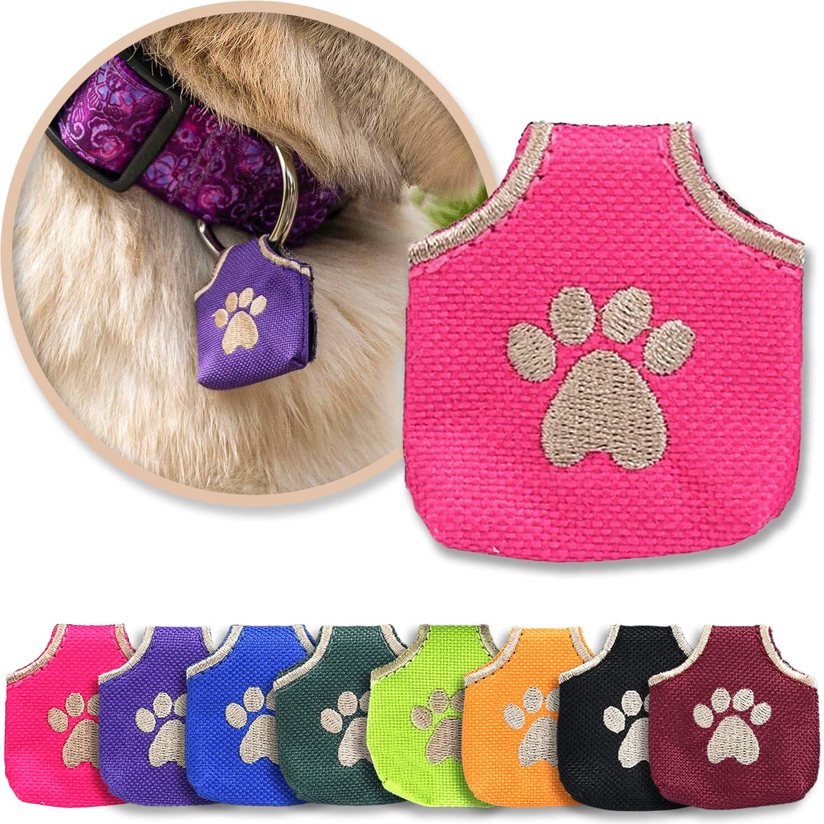 Woofhoof Dog Tag Silencer, Blue Pawprint - Quiet Noisy Pet Tags - Fits Up to Four Pet IDs - Dog Tag Cover Protects Metal Pets IDs, Made of Durable Nylon, Universal Fit, Machine Washable