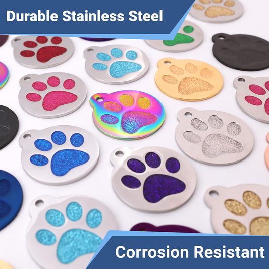 GoTags Personalized Paw Print Pet Tag Stainless Steel for Dogs and Cats, 4 Lines of Custom Engraved ID Name and Number, in Stainless Steel and 15 Colors Glitter (Small Pack of 1)