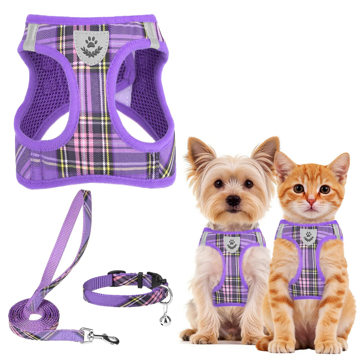 PUPTECK Adjustable Pet Harness Collar &Leash Set Step in for Small Dogs Puppy &Cats Outdoor Training &Running, Soft Mesh Padded Reflective Vest Harness,M: Chest girth: 16-18in Collar: 11.8-15.7in