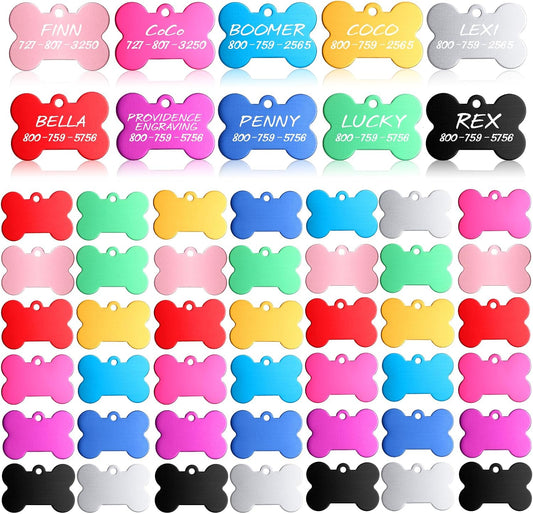 Roowest 50 Pcs Blank Dog Pet Tags Bulk for Engraving 38mm Aluminum Bone Shape Name Tag Colorful Double Sided Dog Cat Phone Number Pendants