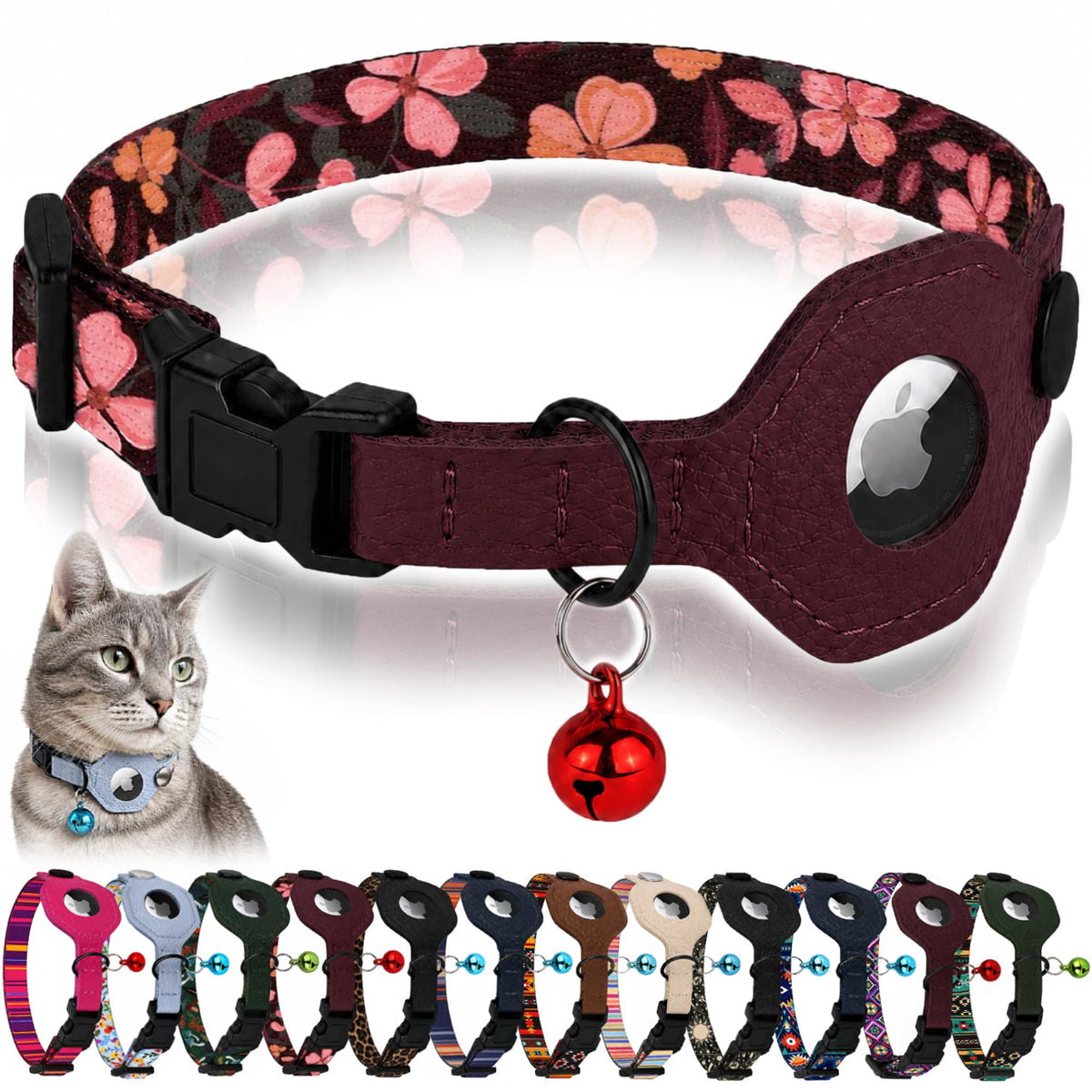 Breakaway Cat Collar with Leather AirTag Holder & Bell - Apple Air Tag Cat Collars for Girls & Boys, Lightweight Anti-Lost GPS Tracker Design, Printed Pattern - Safety and Adjustable (Aztec)