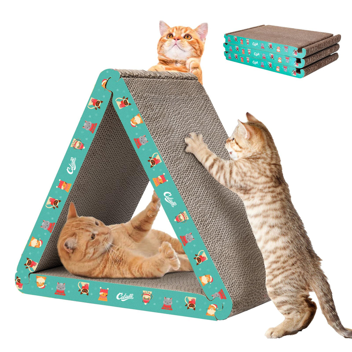 CATISM Cat Scratcher Cat Scratching Board - Foldable - Triangle, 6 Usable Sides Scratchers for Indoor Cats, Durable Recyclable Cats Cardboard Vertical(Pack of 3)