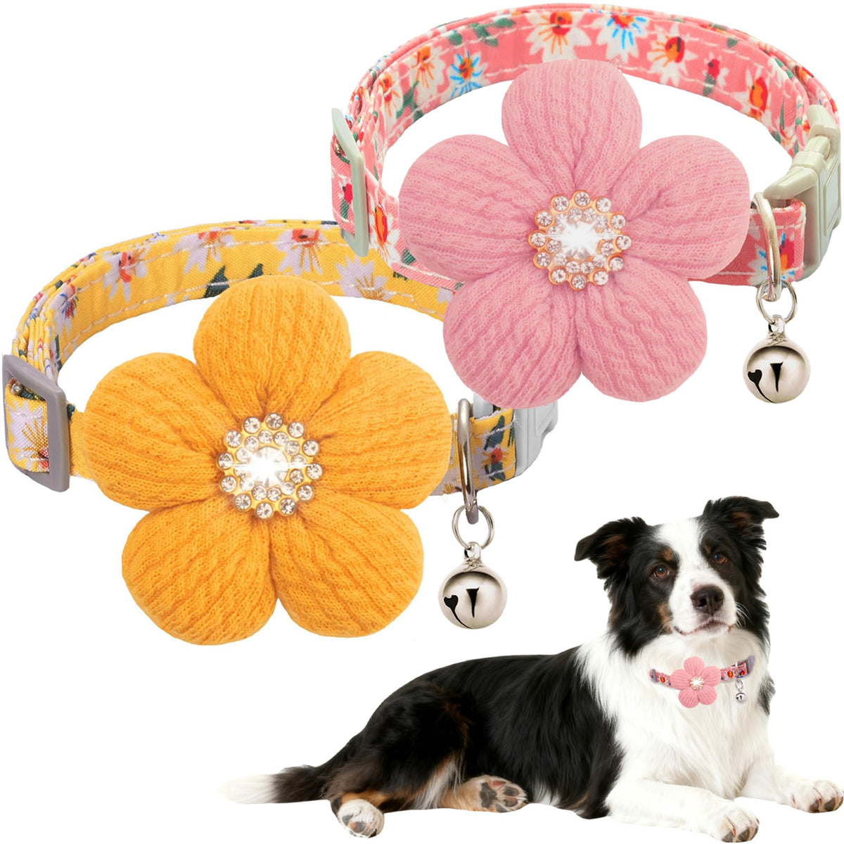 Large Dog Collar with Flower, Cute Dog Collars for Large Dogs with Bell