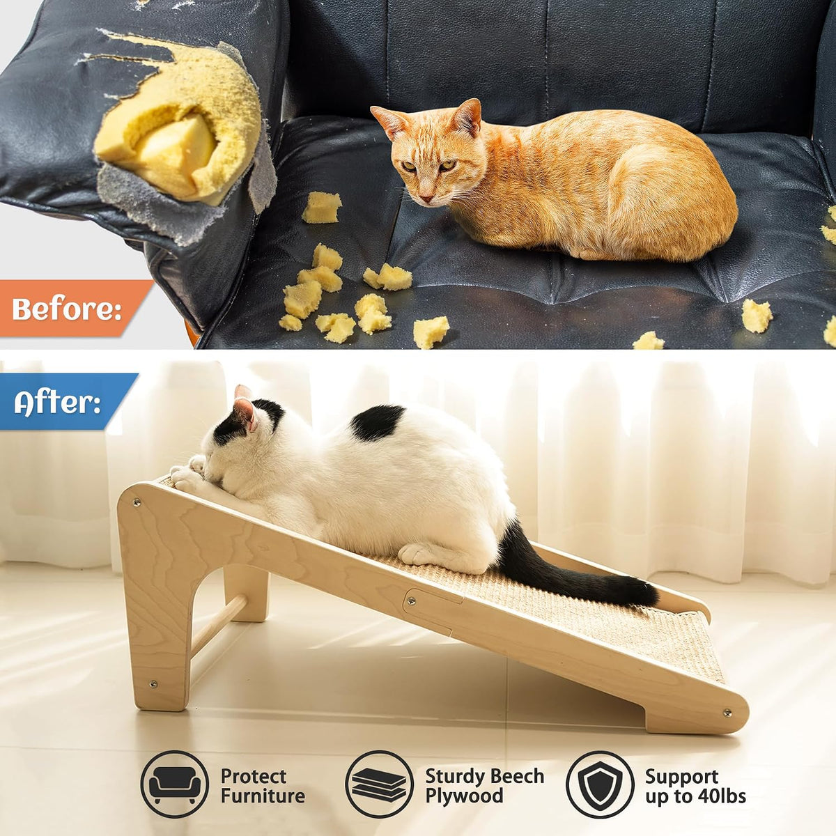 PETKARAY Cat Scratcher, Cat Sisal Scratching Ramp, L Shape Cat Scratch Pad for Indoor Cats, Wall Furniture Protector Large