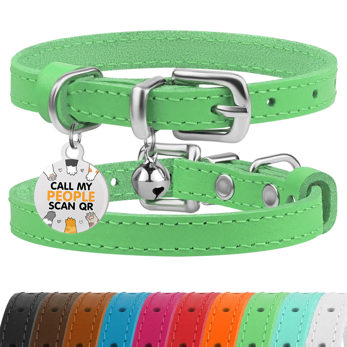 Leather Cat Collar, Removable Bells, QR Tag (9-12", Black & Gold)