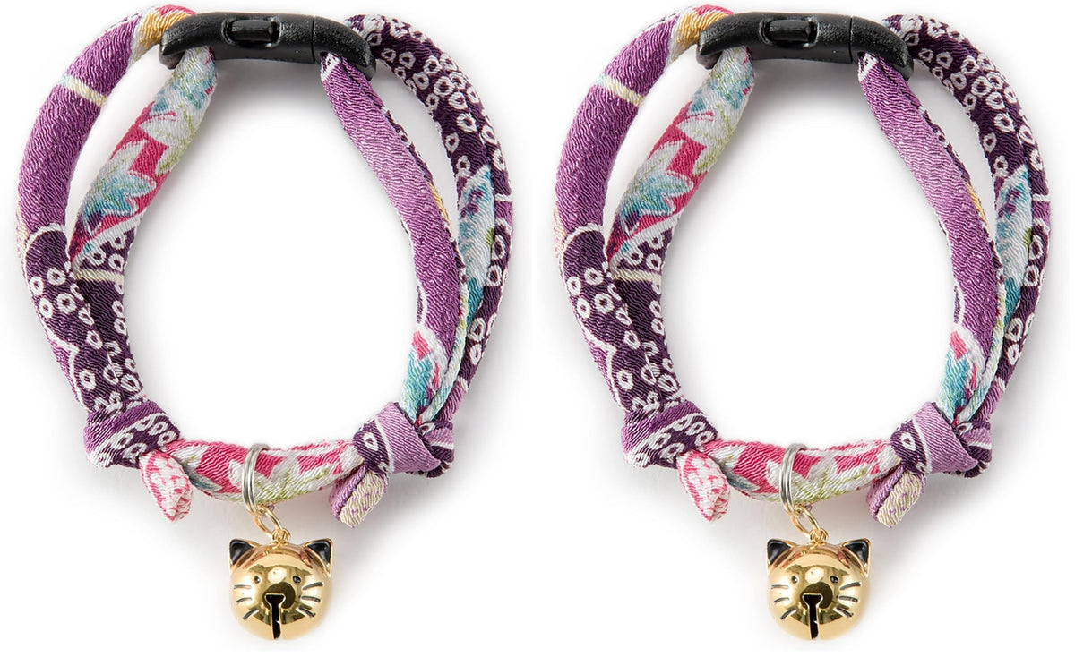 Necoichi Chirimen Hanabi Fireworks Cat Collar, Breakaway with Bell (Purple)