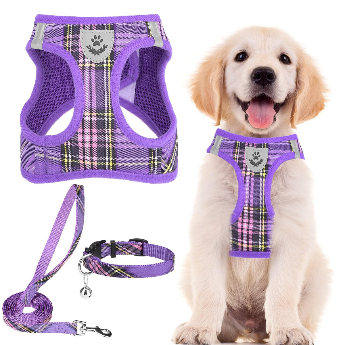 PUPTECK Adjustable Pet Harness Collar &Leash Set Step in for Small Dogs Puppy &Cats Outdoor Training &Running, Soft Mesh Padded Reflective Vest Harness,M: Chest girth: 16-18in Collar: 11.8-15.7in