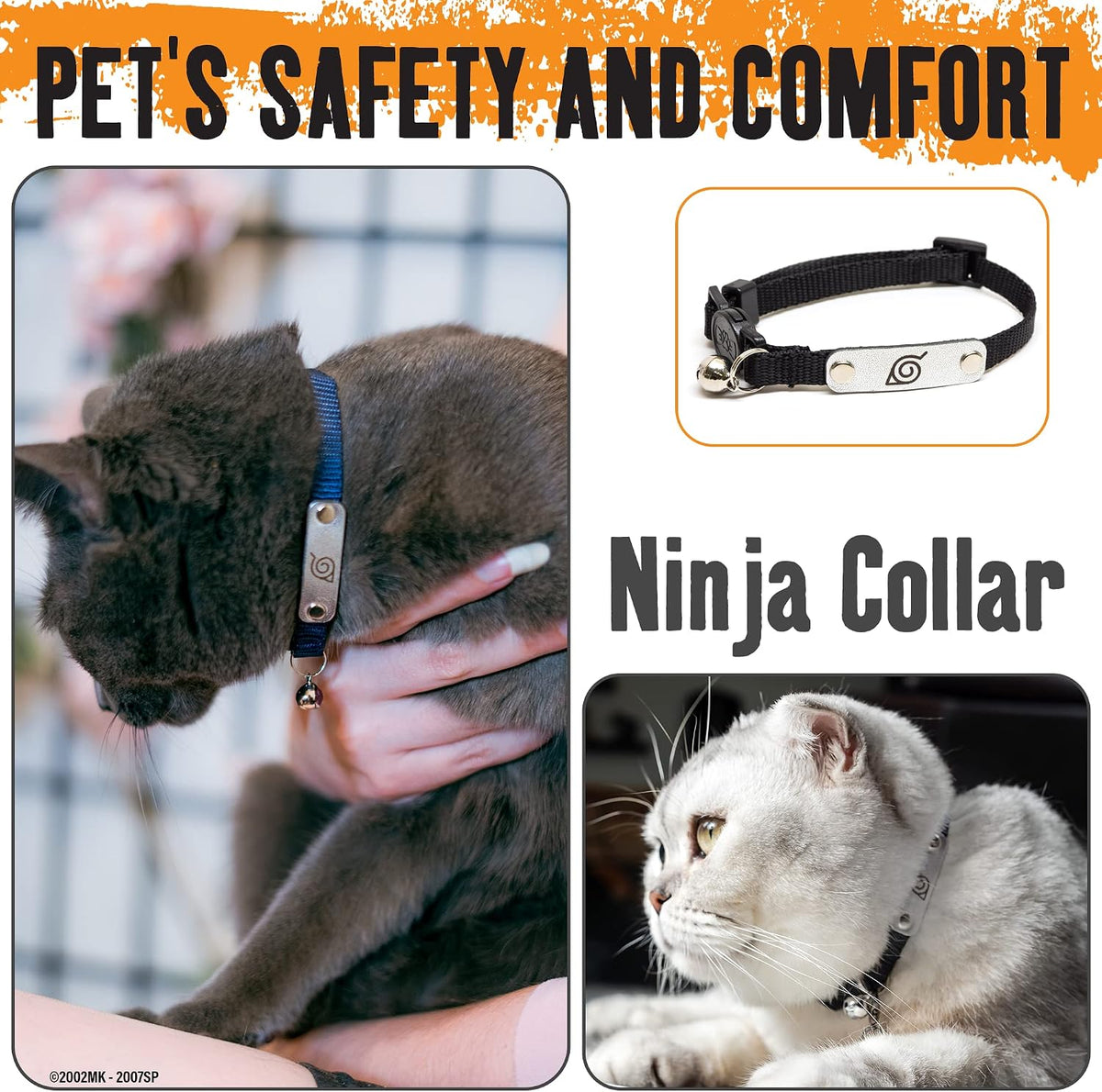 Naruto Breakaway Cat Collars for Girl & Boy Cats | Officially Licensed Naruto Shippuden Hidden Leaf Village Pet Accessories & Gifts, (8.5” to12”) Adjustable Cute Kitten Collar with Bell (Navy, Ninja)