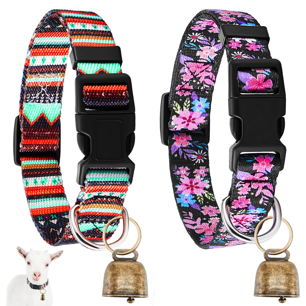 2 Pack Floral Goat Collars with Bells, White Pink Girly Pattern for Lambs