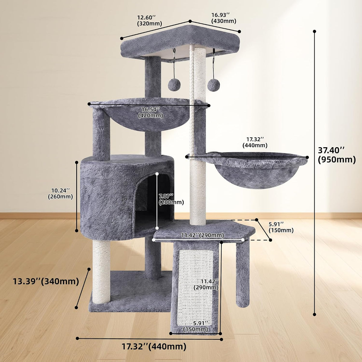 Three Layer Cat Tree with Cat Condo and Two Hammocks,Grey