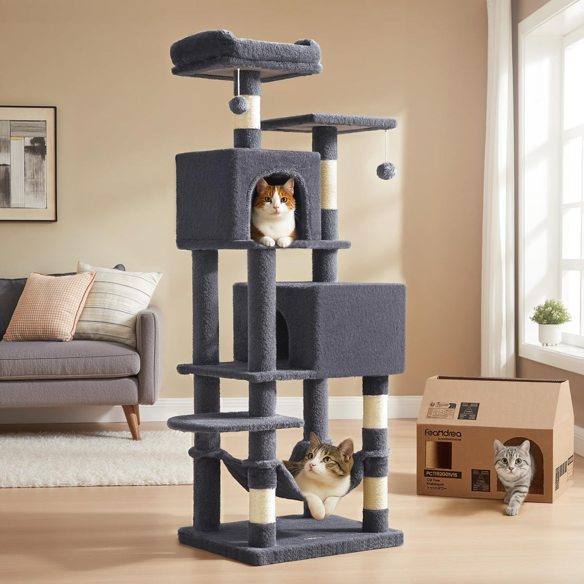 Feandrea Cat Tree, 59.5-Inch Tall Cat Tower, Multi-Level Condo, Beige