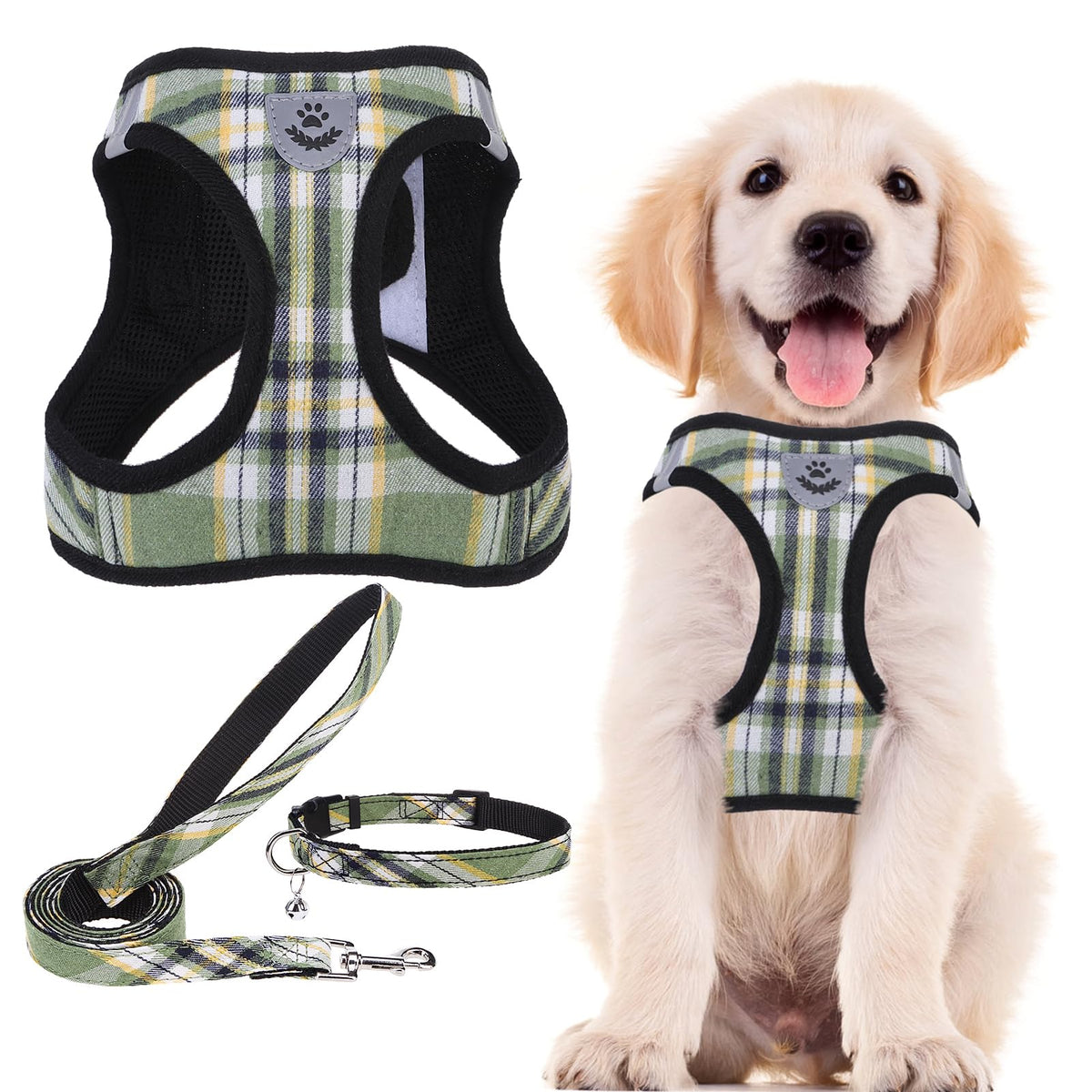 PUPTECK Adjustable Pet Harness Collar &Leash Set Step in for Small Dogs Puppy &Cats Outdoor Training &Running, Soft Mesh Padded Reflective Vest Harness,M: Chest girth: 16-18in Collar: 11.8-15.7in