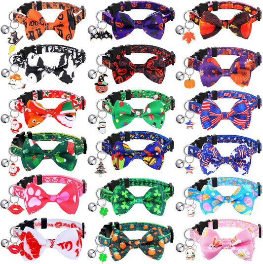 Kacctyen 18 Pcs Holiday Cat Collars Halloween with Bowtie Bell, Small