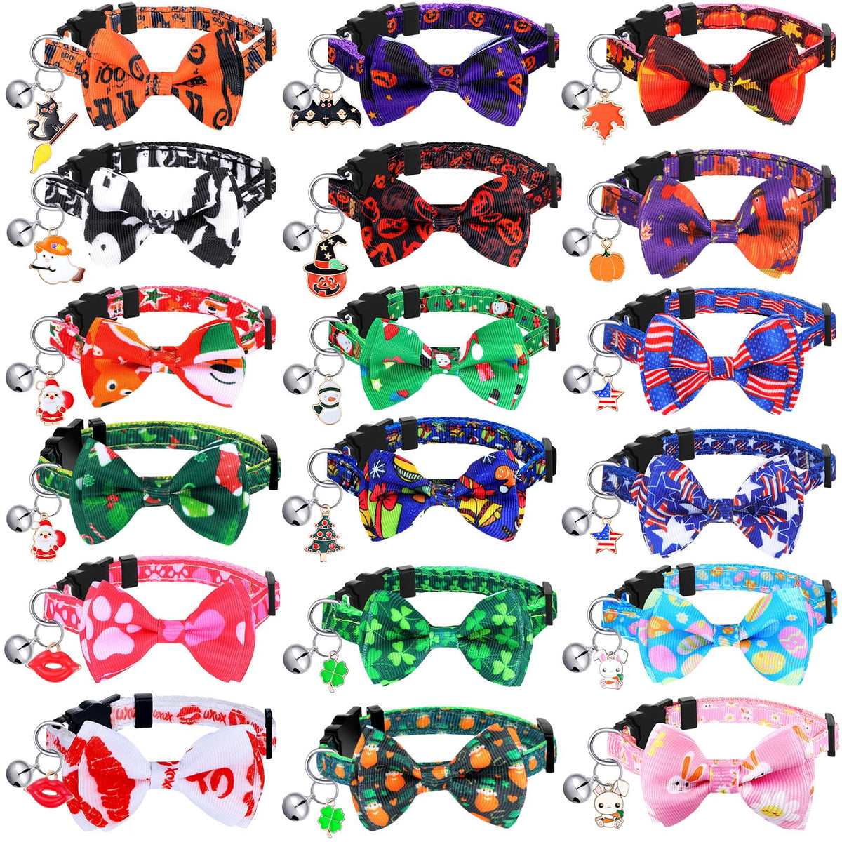 Kacctyen 18 Pcs Holiday Cat Collars Halloween with Bowtie Bell, Small